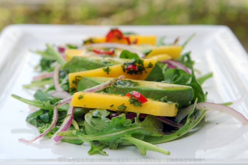 Salada de rucula com abacate e manga