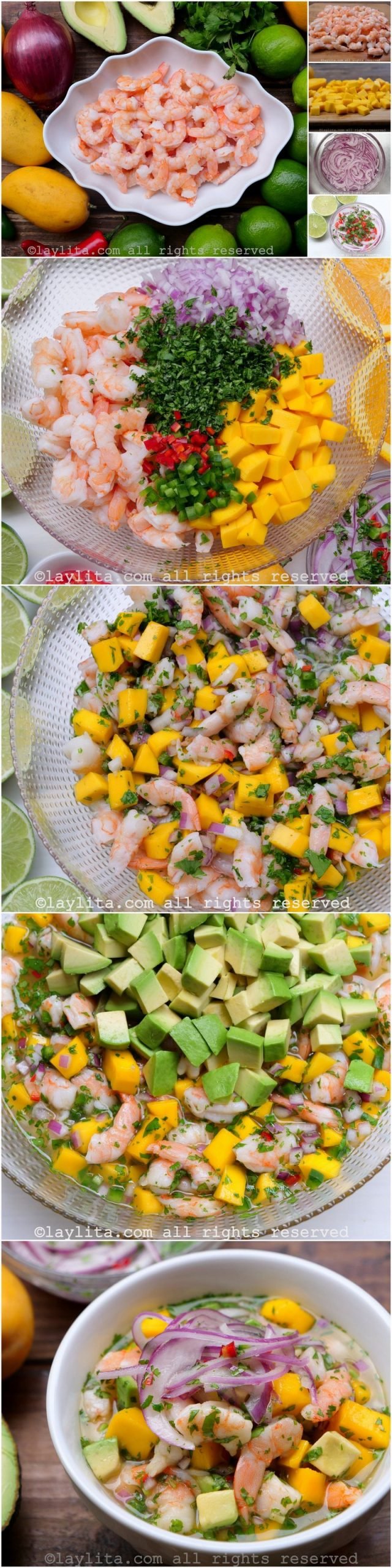 Fotos do passo a passo da preparação do ceviche de manga e camarão com abacate