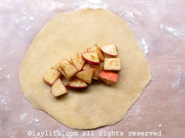 Coloque uma colher do recheio de maçã no centro de cada disco de empanada.
