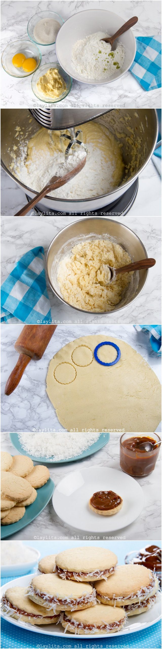 Fotos do passo a passo da preparação dos alfajores ou biscoitos recheados de doce de leite