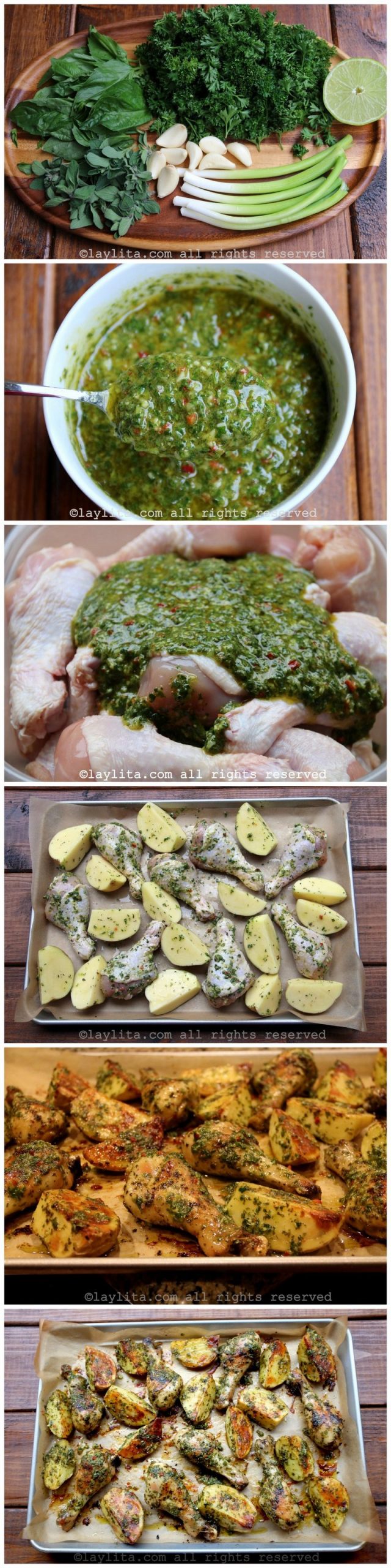 Fotos do preparo de pedaços de frango assados com chimichurri