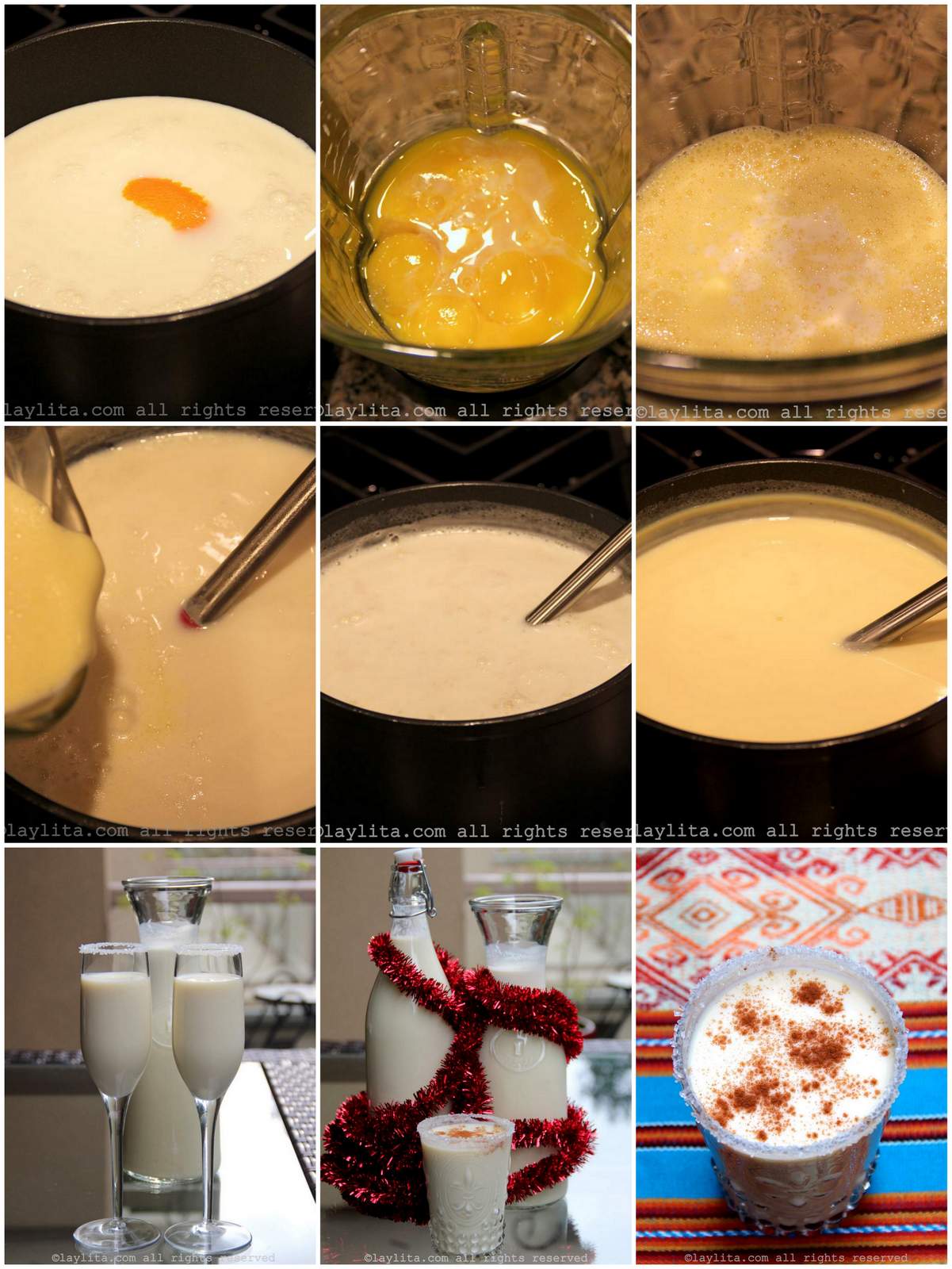 Collage de fotos de la preparación paso a paso del rompope navideño