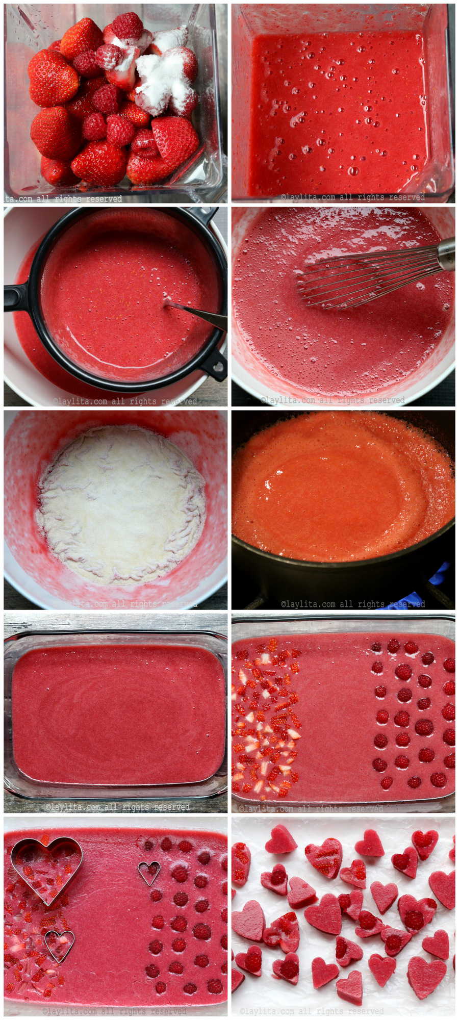 Como hacer corazones de fresa y frambuesa con gelatina sin sabor