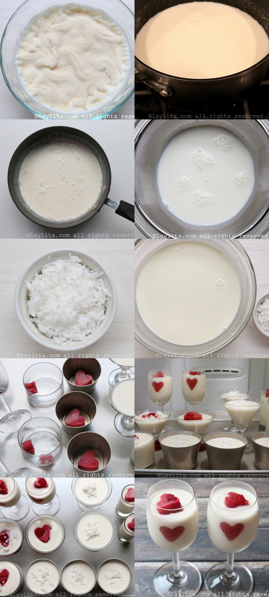 Como hacer un postre de gelatina de coco con corazones de fresa