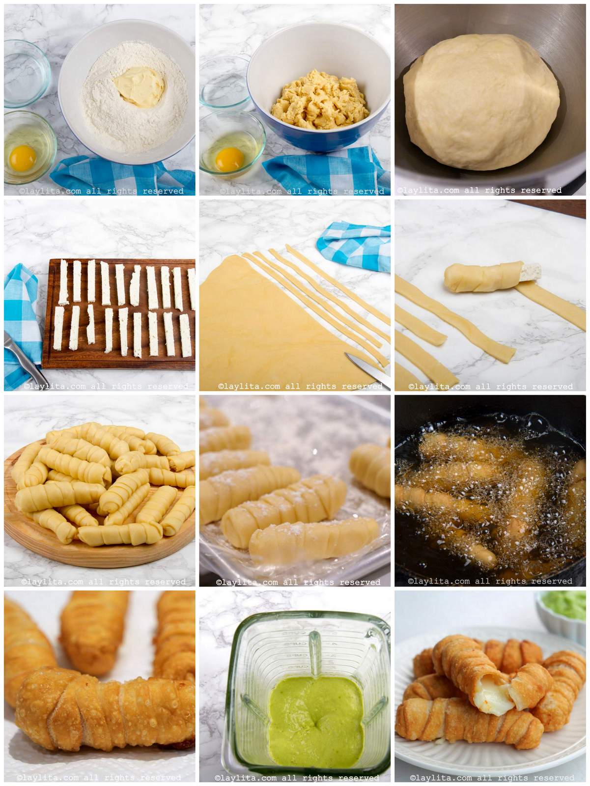 Collage de las fotos de la preparación paso a paso de los tequeños venezolanos rellenos de queso