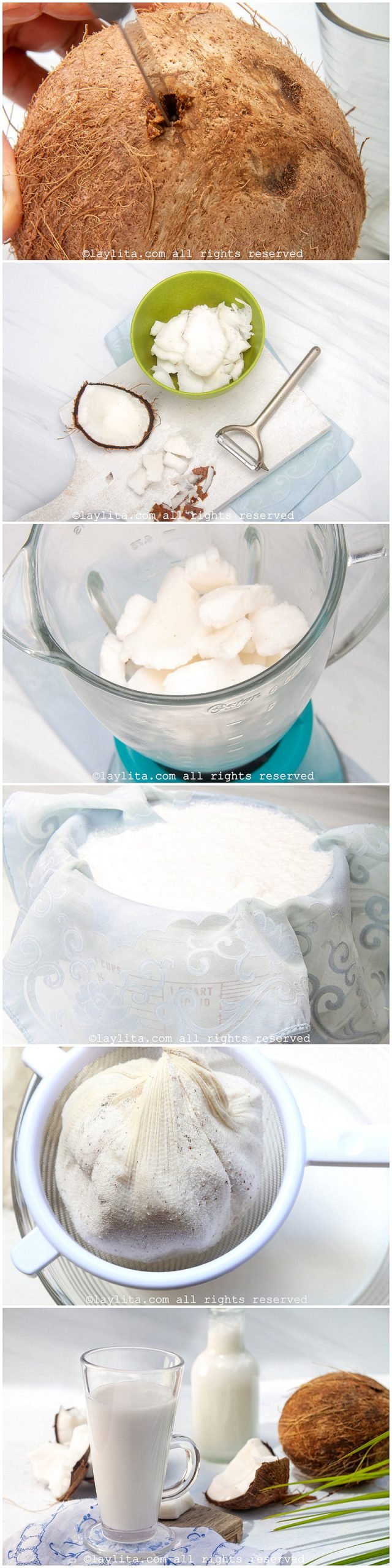 Fotos paso a paso de la preparación de la leche de coco casera
