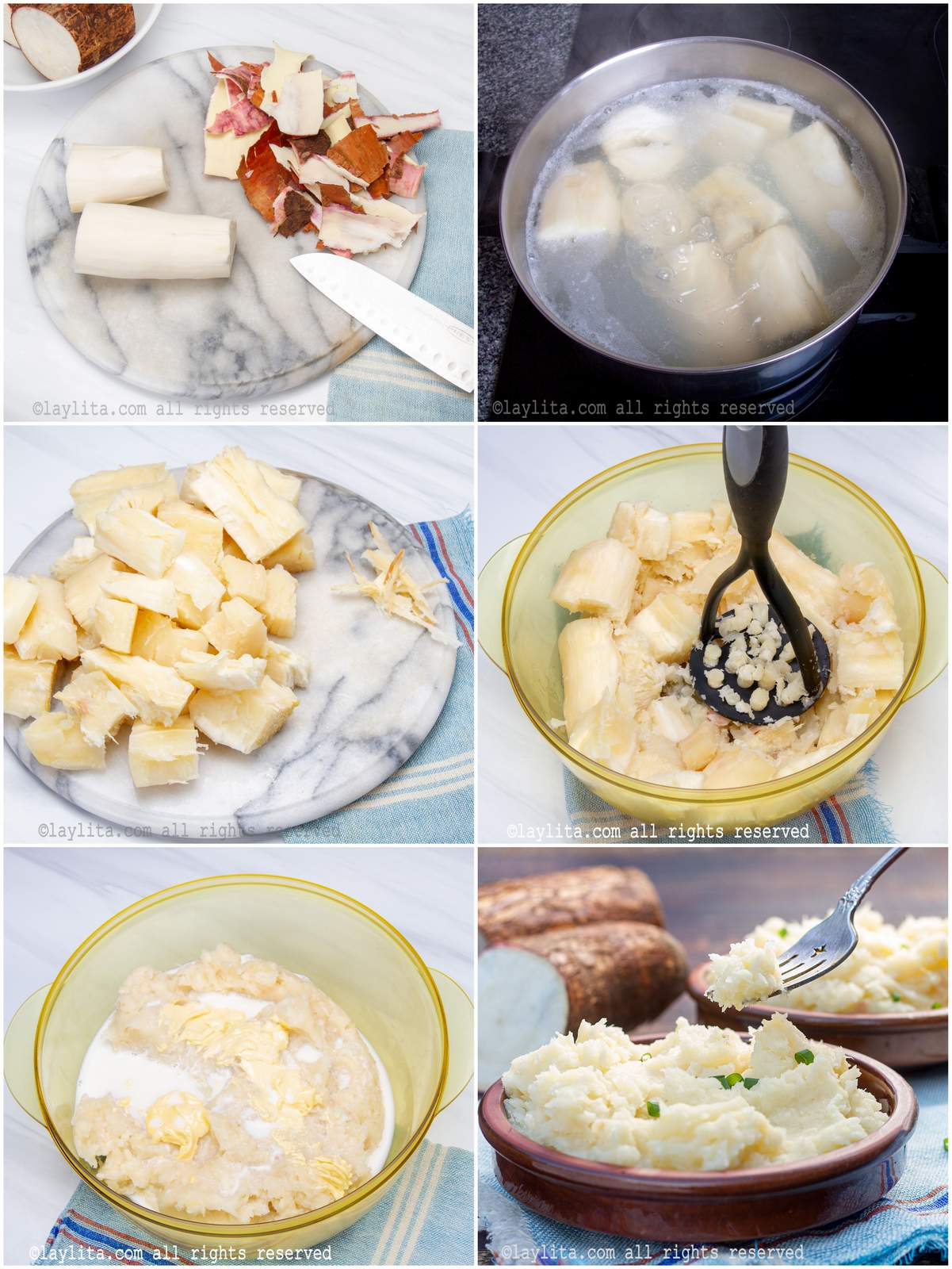 Fotos de la preparación paso a paso del puré de yuca