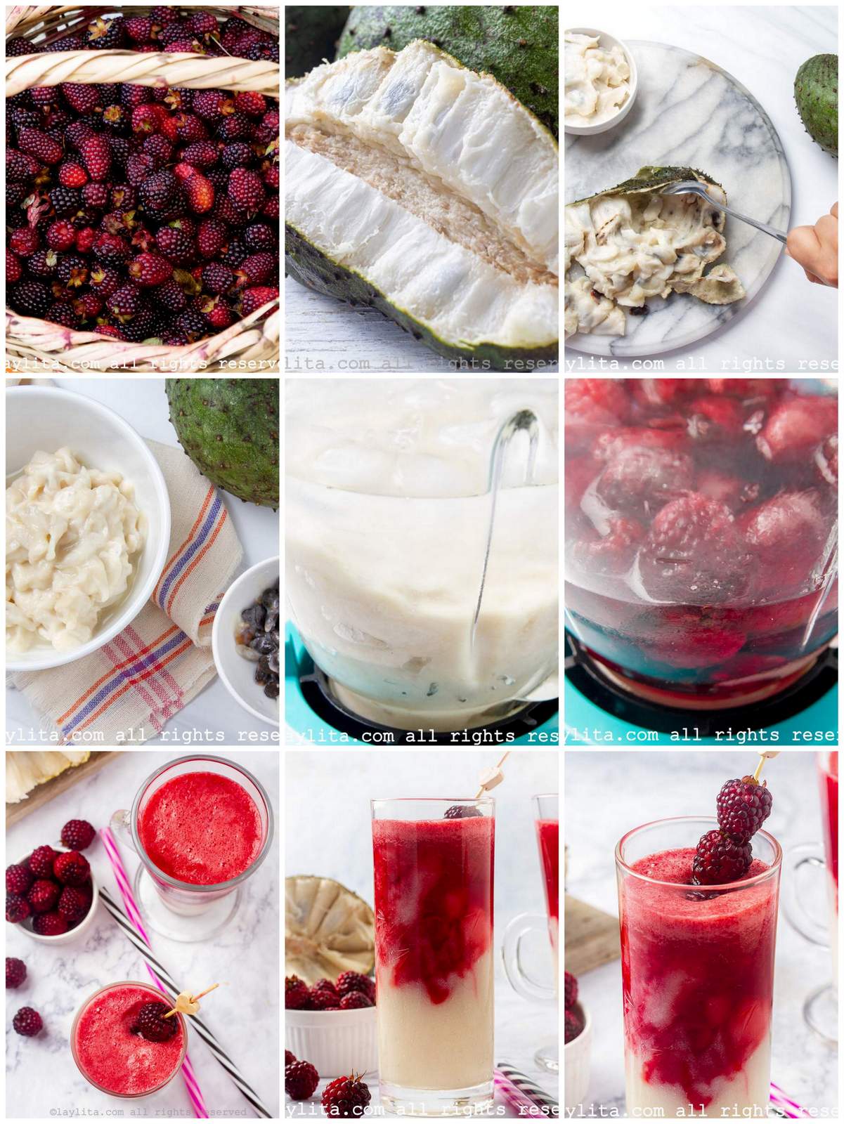 Collage de fotos de la preparación paso a paso del batido de guanábana y mora