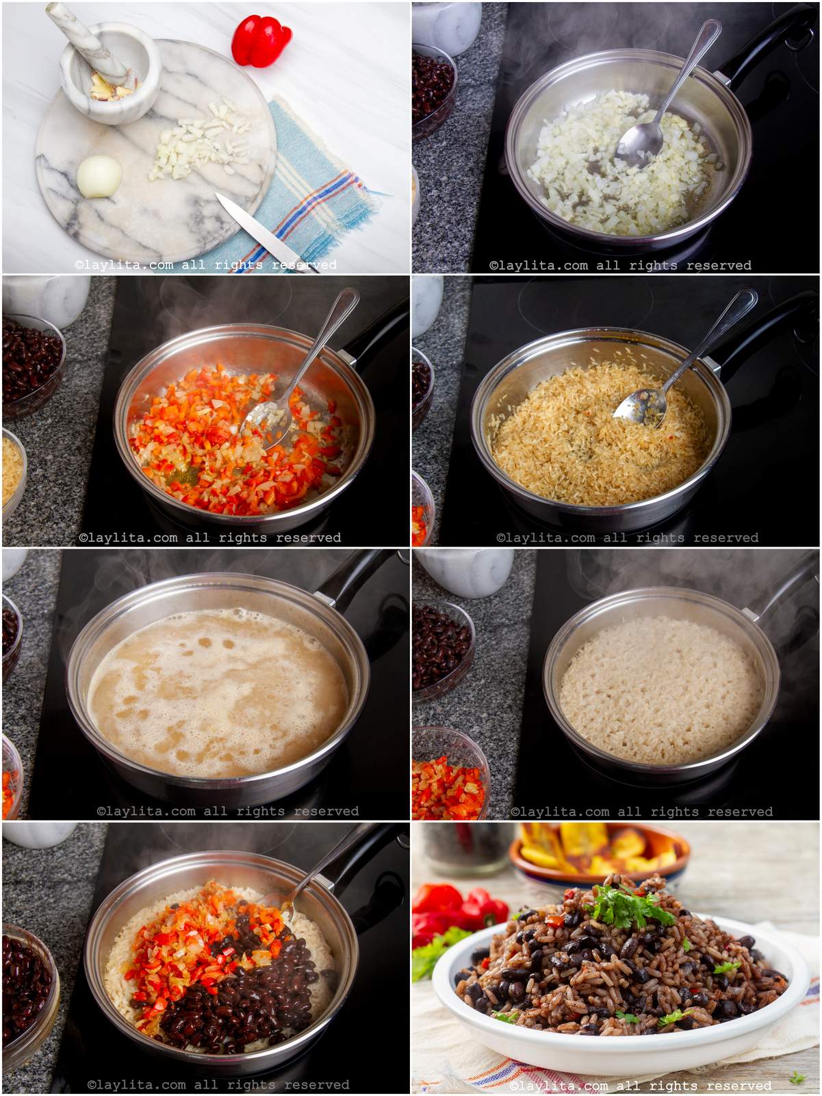 Fotos de la preparación paso a paso del gallo pinto costarricense