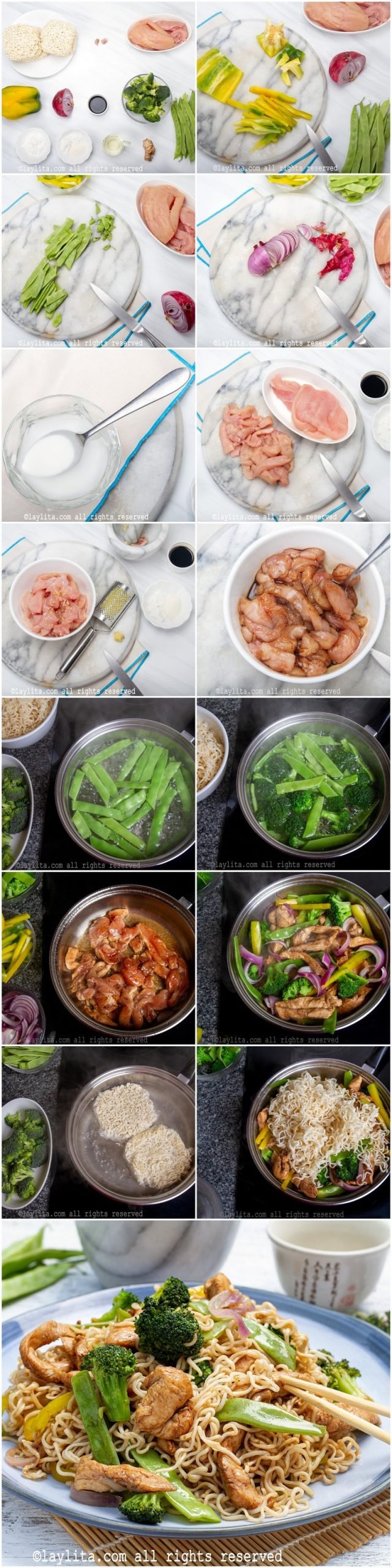 Preparación paso a paso del lo mein con pollo y vegetales