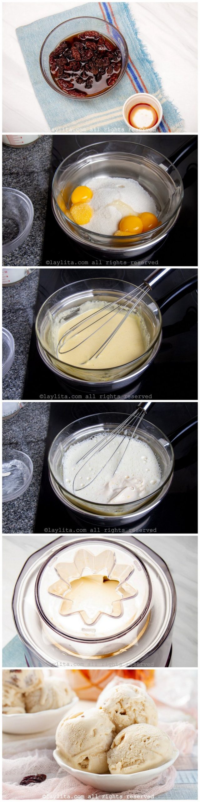 Preparación paso a paso del helado de ron con pasas