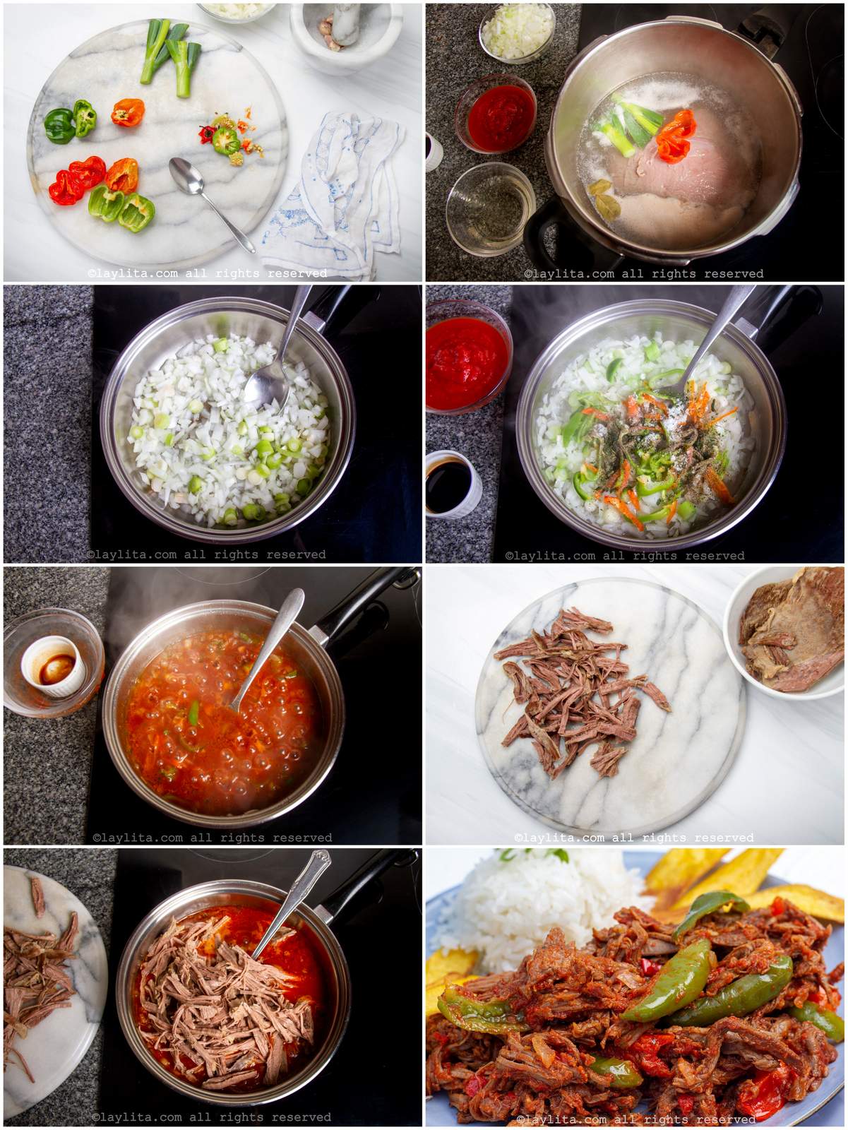 Collage de fotos de la preparación paso a paso de la ropa vieja cubana