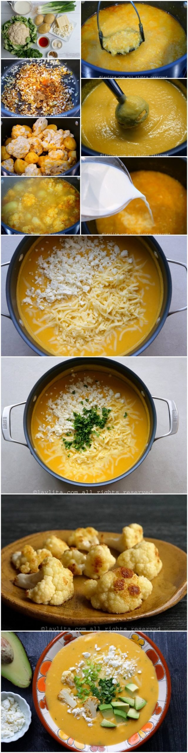Preparación paso a paso del locro de coliflor o sopa de coliflor con papas y queso