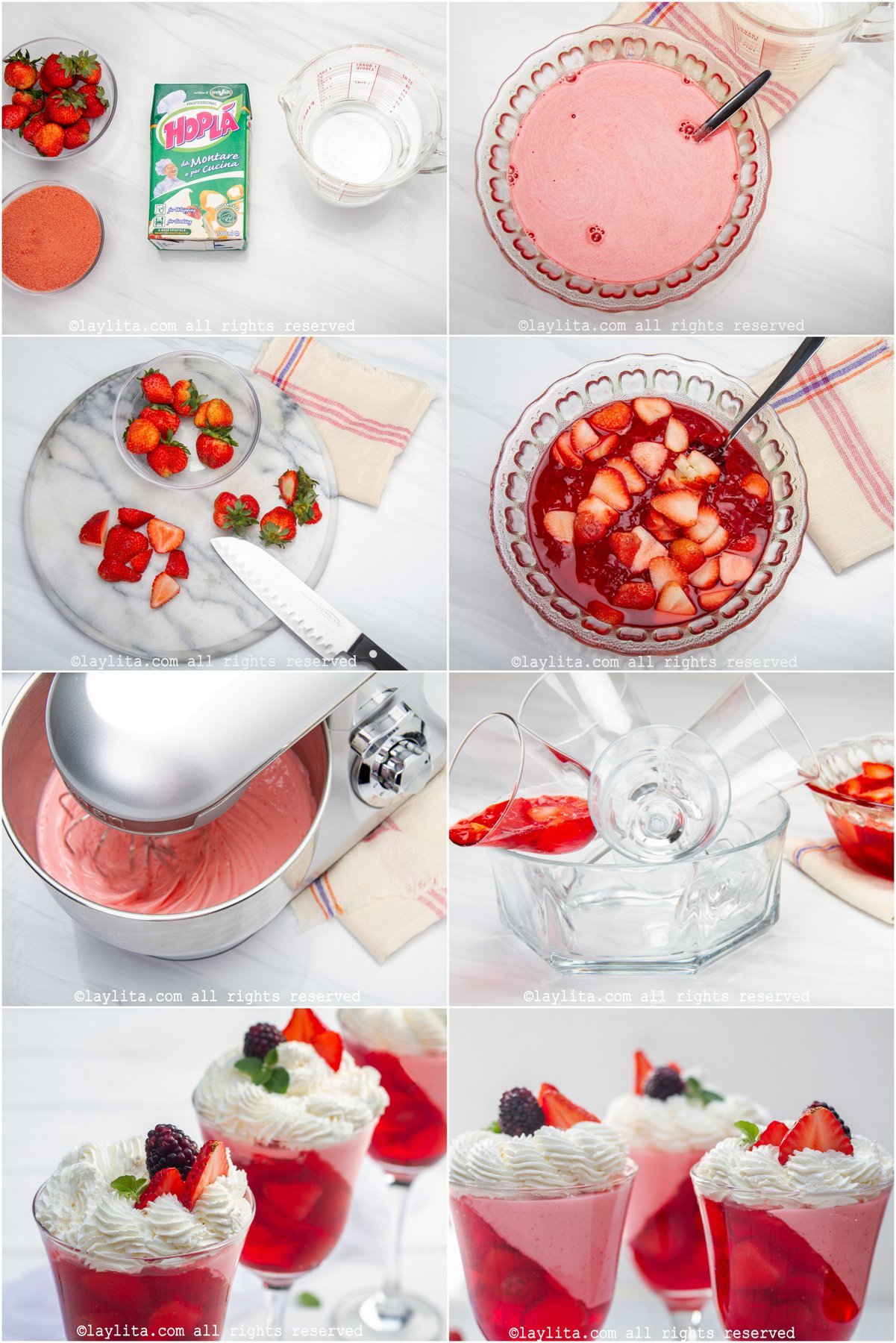 Fotos de la preparación paso para un postre de copas de gelatina con capas de fresas y mousse