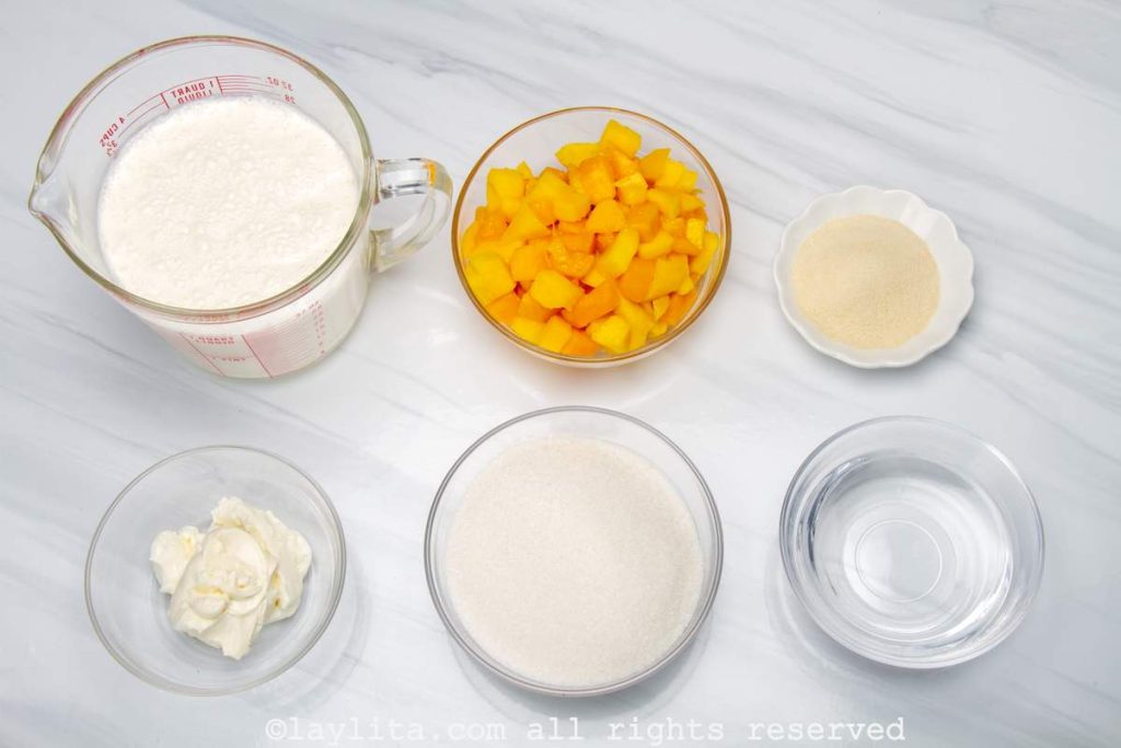 Ingredientes de la gelatina mosaico con mango