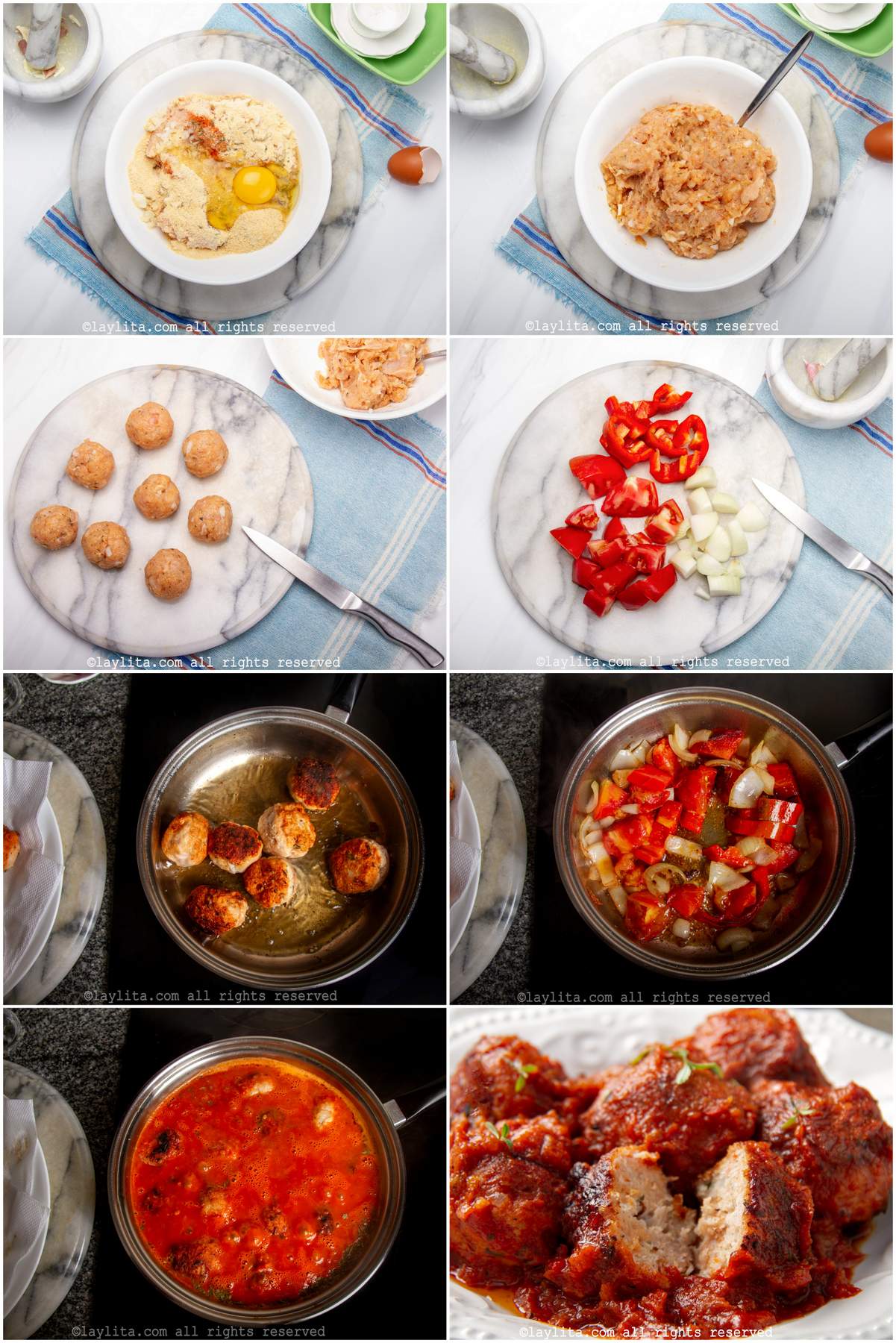 Collage de fotos de la preparación paso a paso de las albóndigas de pollo