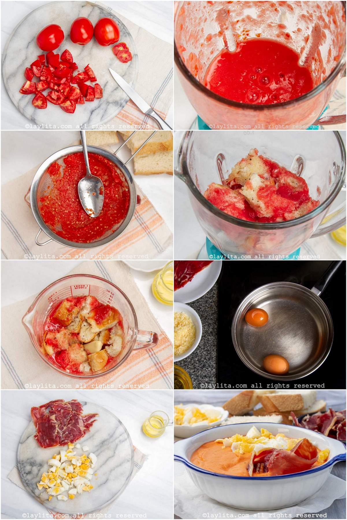 Collage de fotos de la preparación paso a paso del salmorejo cordobés