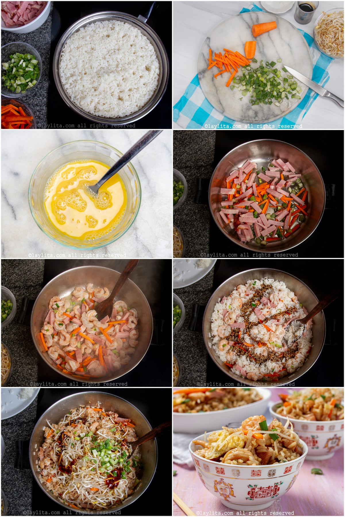 Compilacion de fotos de la preparación paso a paso del arroz frito chino con camarones y chuleta ahumada