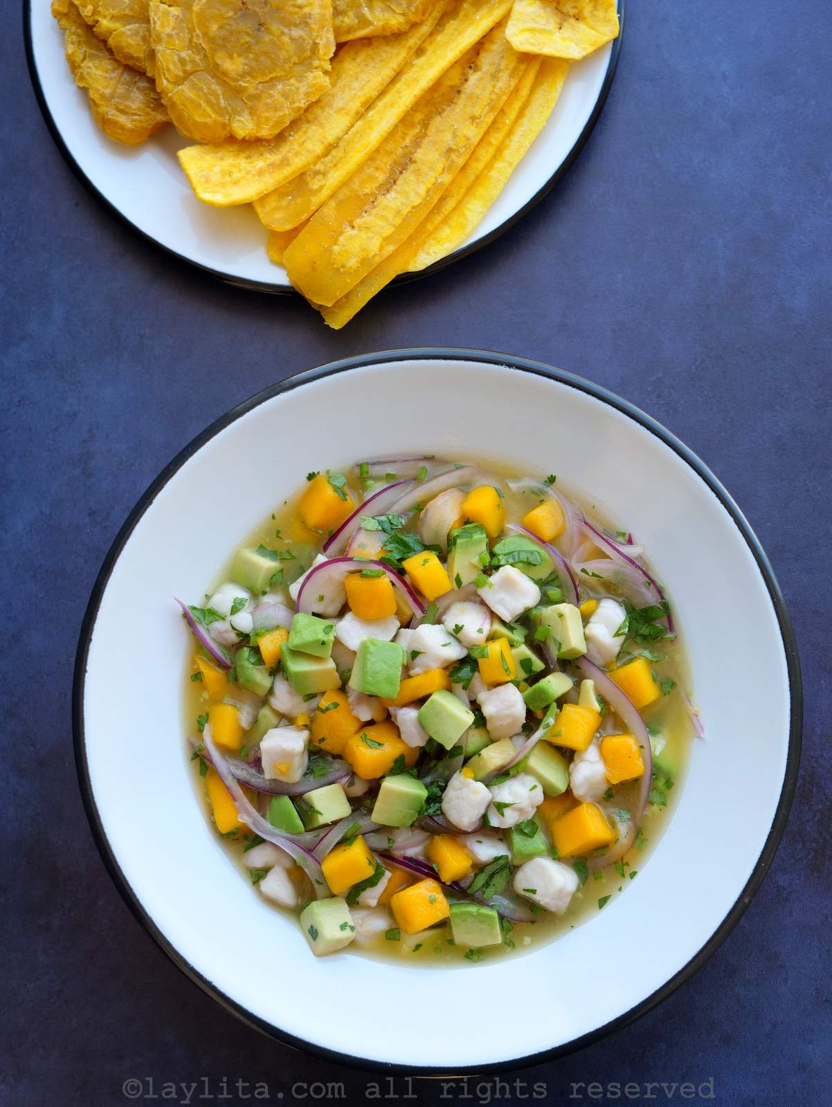 Un plato blanco lleno de ceviche de pescado con mango, aguacate y cebolla, con un plato de platano verde frito al lado