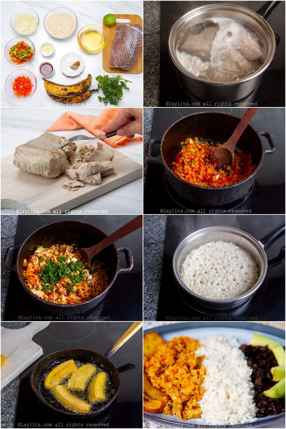Collage de fotos de la preparación paso a paso del pabellón de pescado