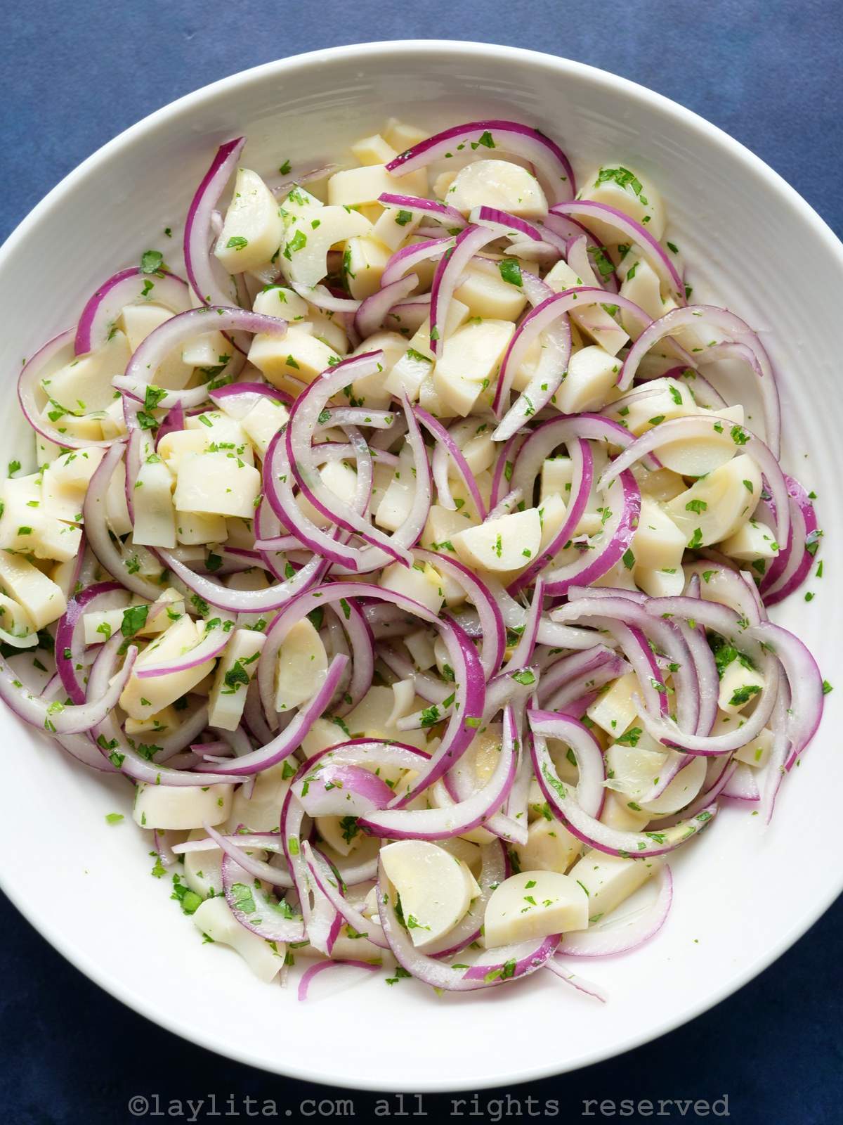 Ensalada de palmito y cebolla curtida en un bol blanco