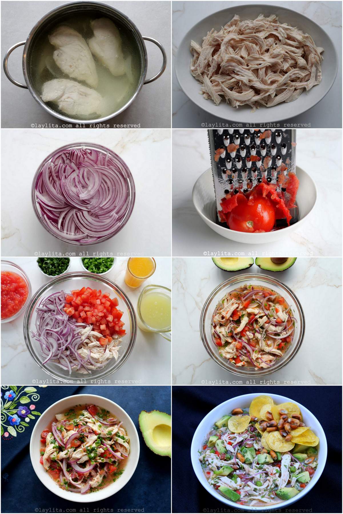 Collage de fotos de la preparación paso a paso del ceviche de pollo