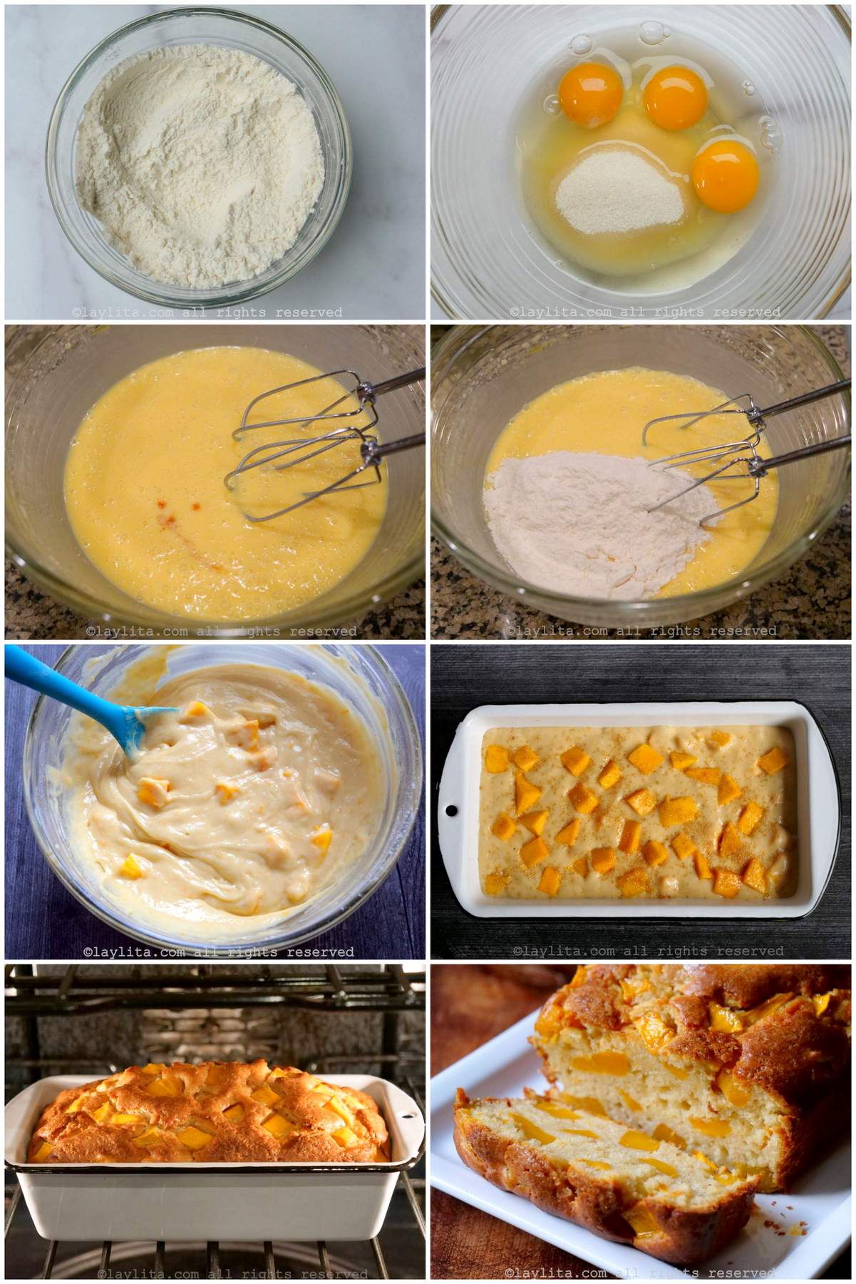 Collage de fotos de la preparación paso a paso de la torta o bizcocho de mango con yogur