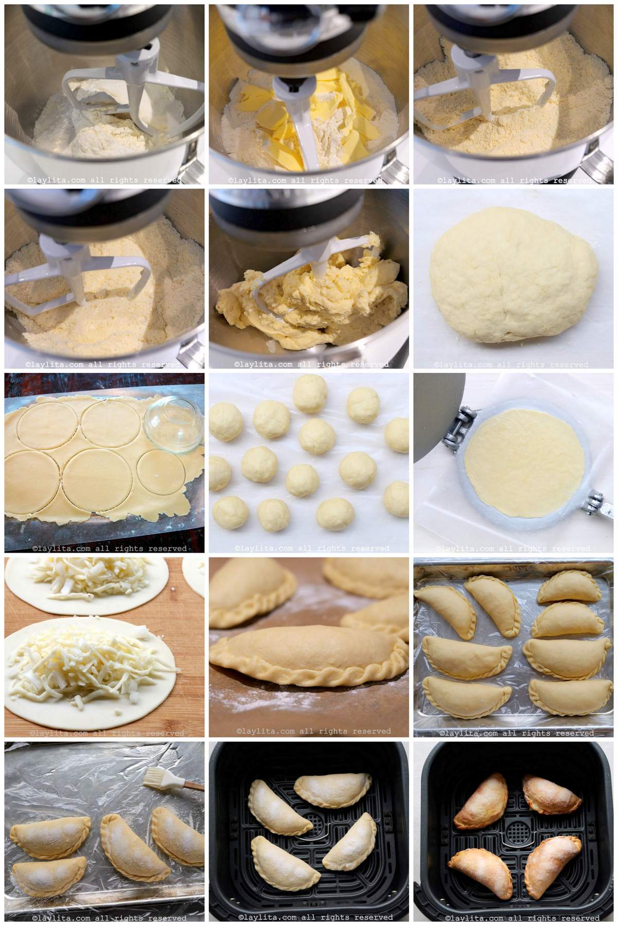 Collage de fotos de la preparación paso a paso de las empanadas de queso en la freidora de aire