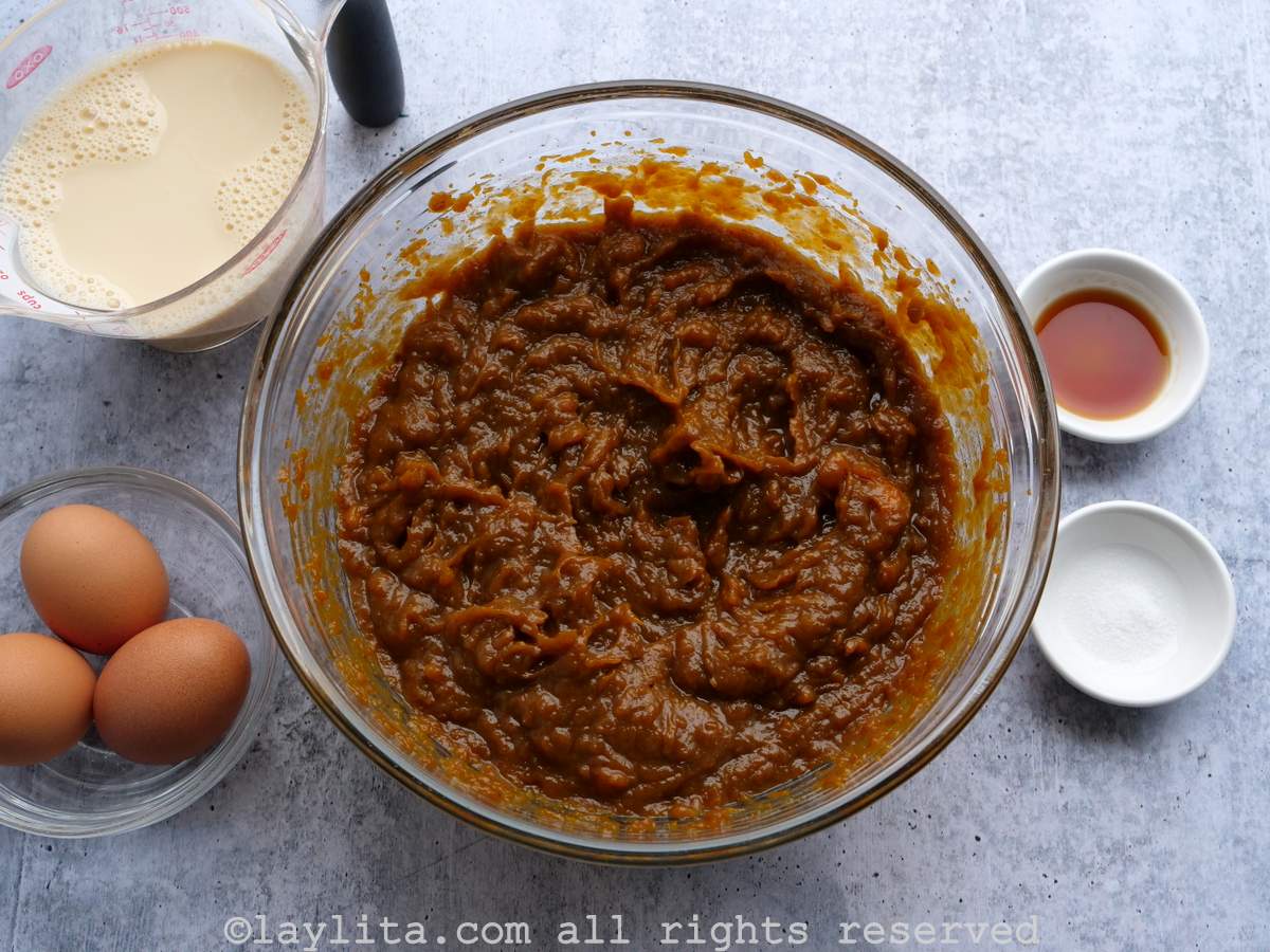 Ingredientes del relleno del pie o pay de calabaza en una superficie de cemento