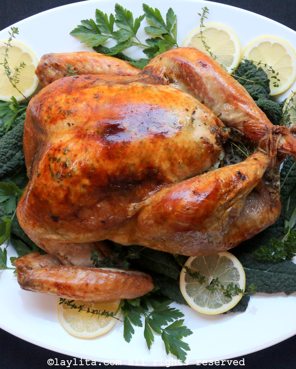 Un pavo asado en una bandeja decorada con hierbas frescas y rodajas de limón
