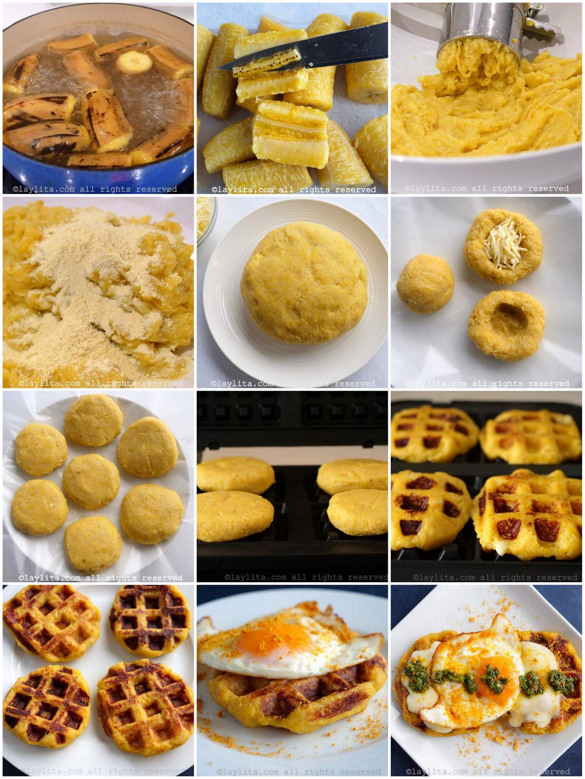 Collage de fotos de la preparación paso a paso de los waffles de plátano maduro