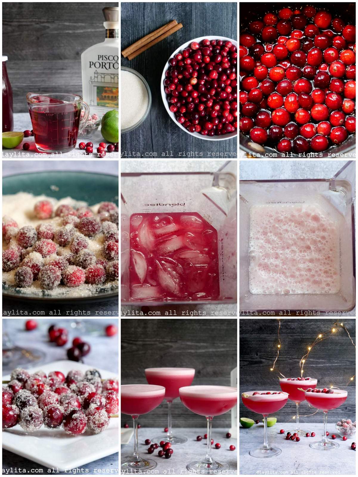 Collage de fotos de la preparación paso a paso del pisco sour de arándanos rojos