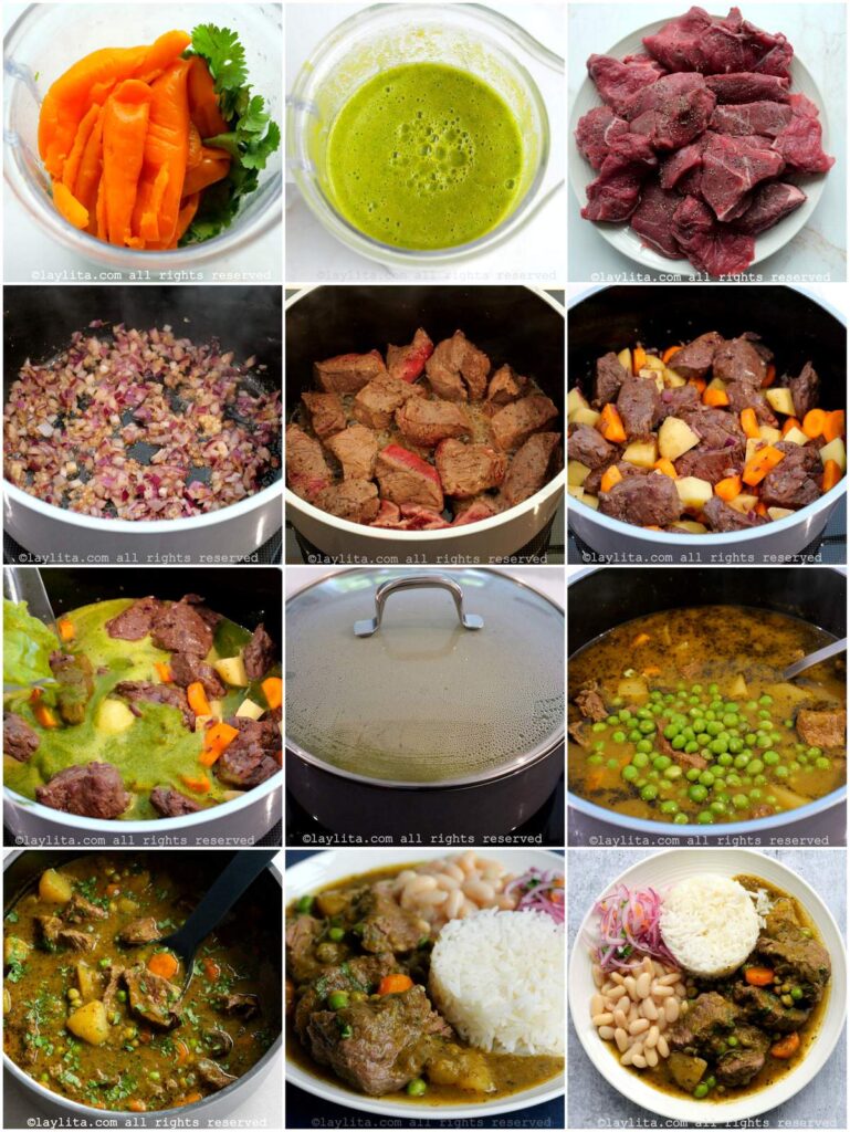 Collage de fotos de la preparación paso a paso del seco de carne de res peruano