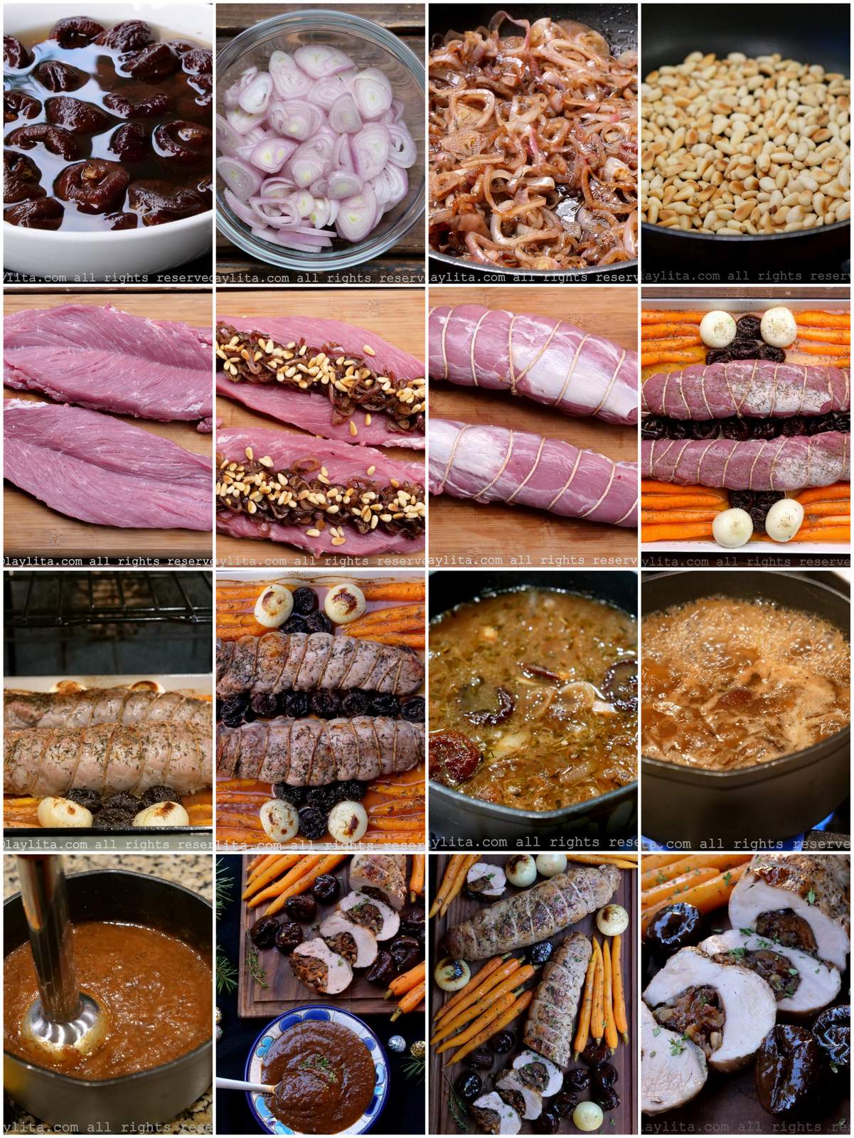 Collage de fotos de la preparación paso a paso del solomillo de cerdo relleno con ciruelas pasas