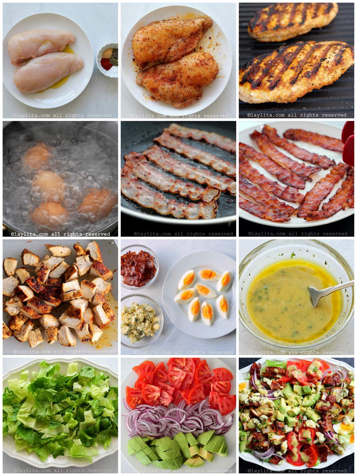 Collage de fotos de la preparación paso a paso de la ensalada Cobb de pollo