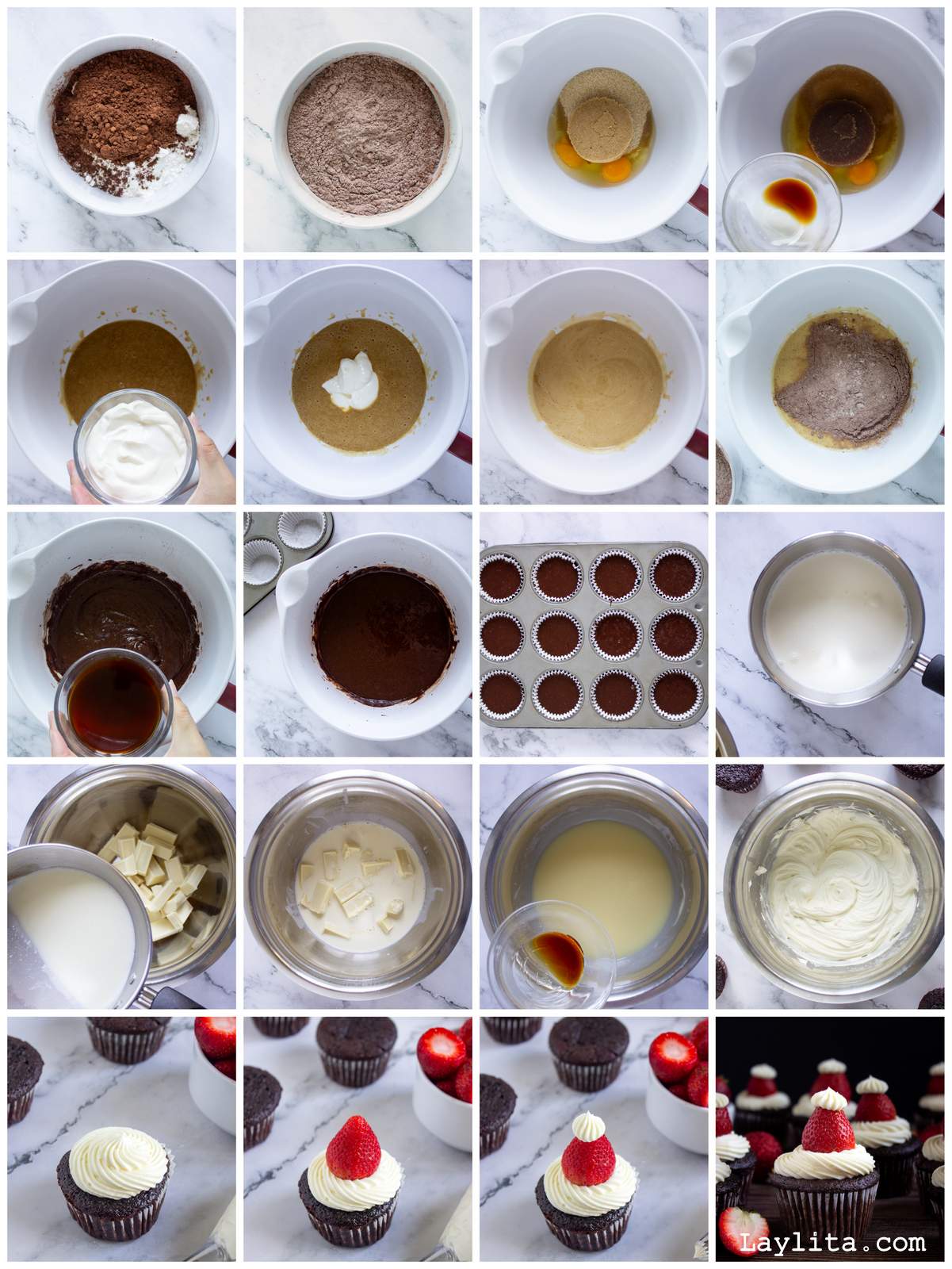 Collage de fotos de la preparación paso a paso de los Cupcakes Navideños de chocolate con gorro de Papá Noel