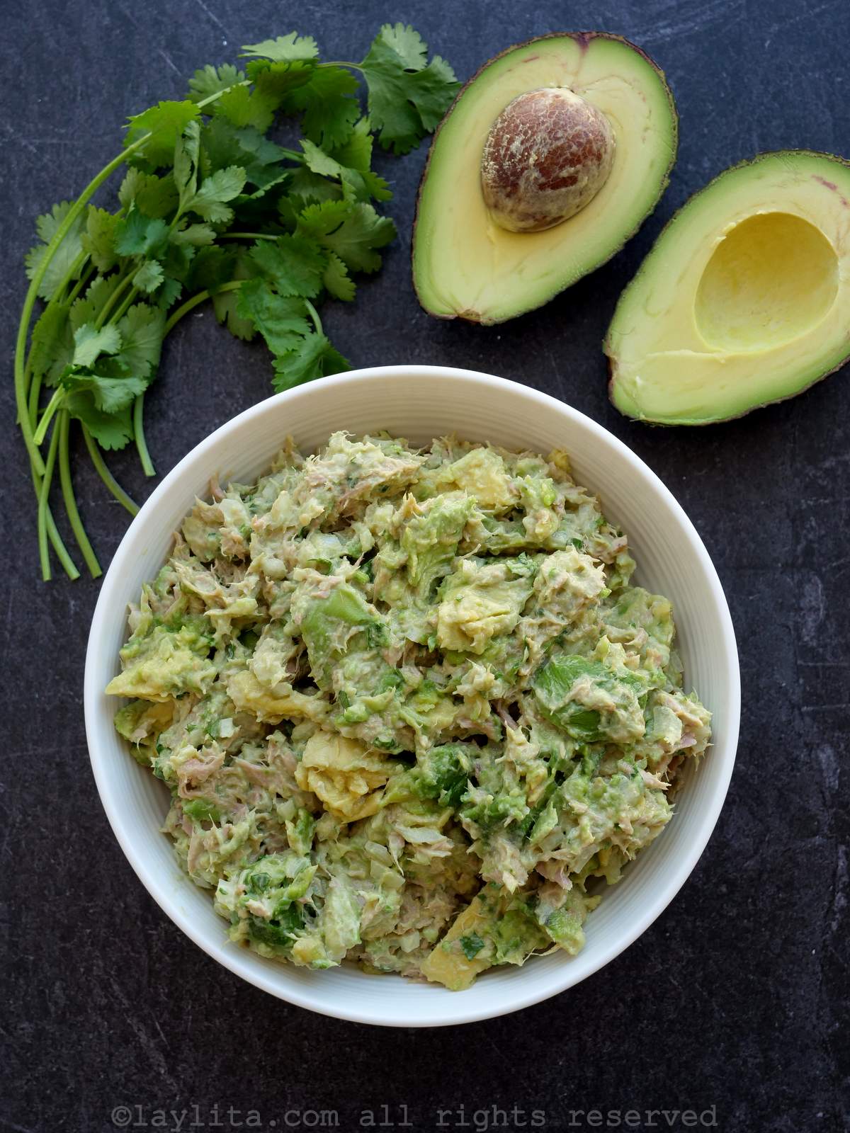 Vista superior de un tazón lleno de ensalada de atún con aguacate, junto a dos mitades de aguacate y ramitas de cilantro.