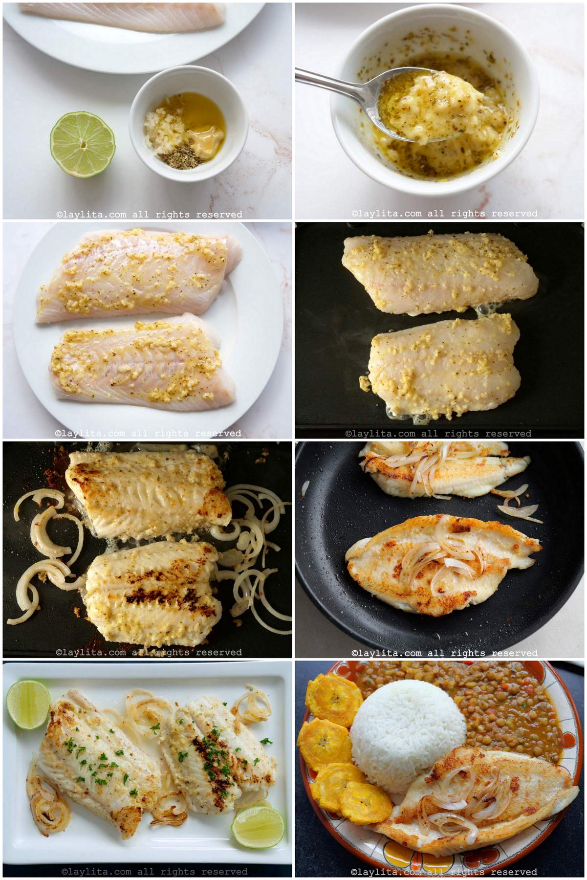 Collage de fotos de la preparación paso a paso del pescado a la plancha