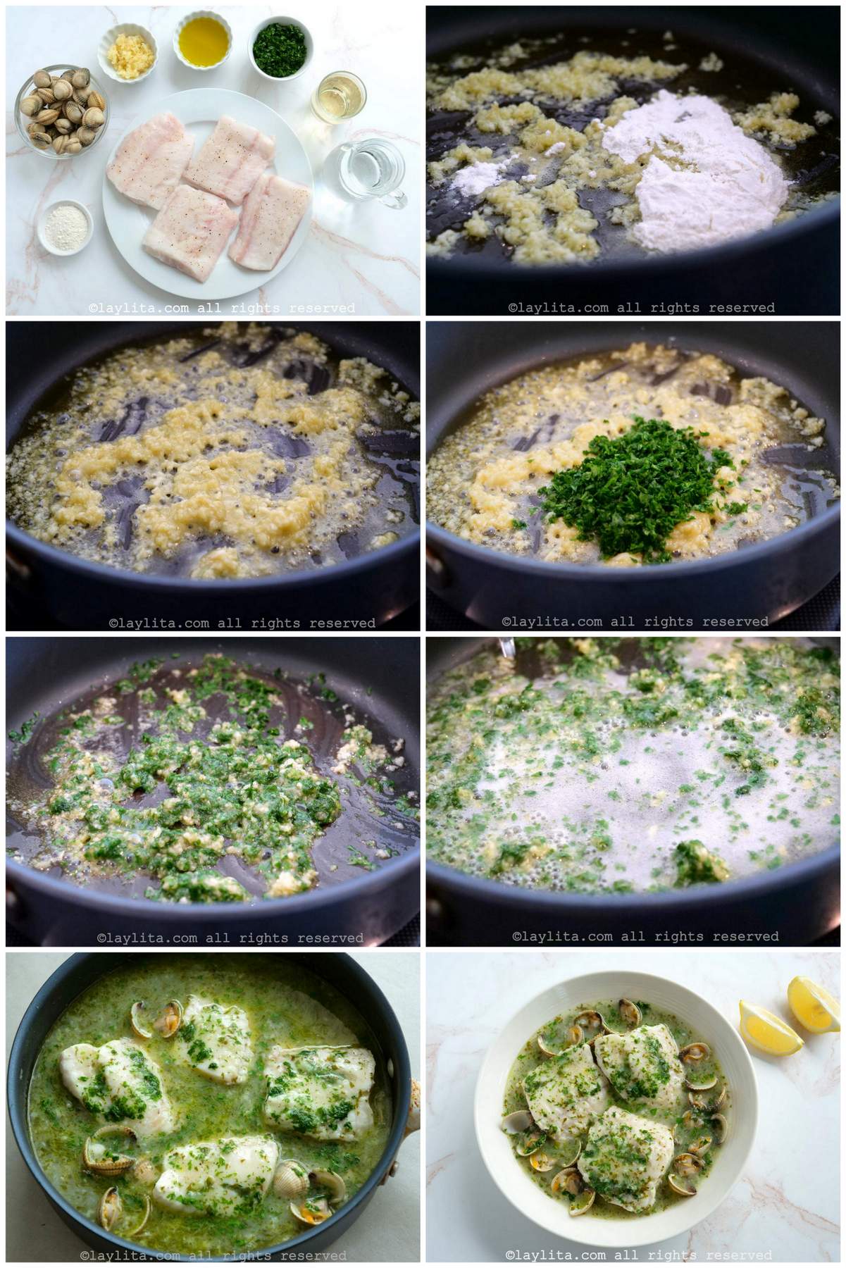 Collage de fotos de la preparación paso a paso del pescado o merluza en salsa verde