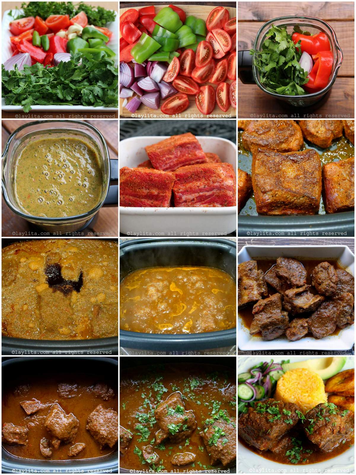 Collage de fotos de la preparación paso a paso del seco de costilla de res al estilo ecuatoriano