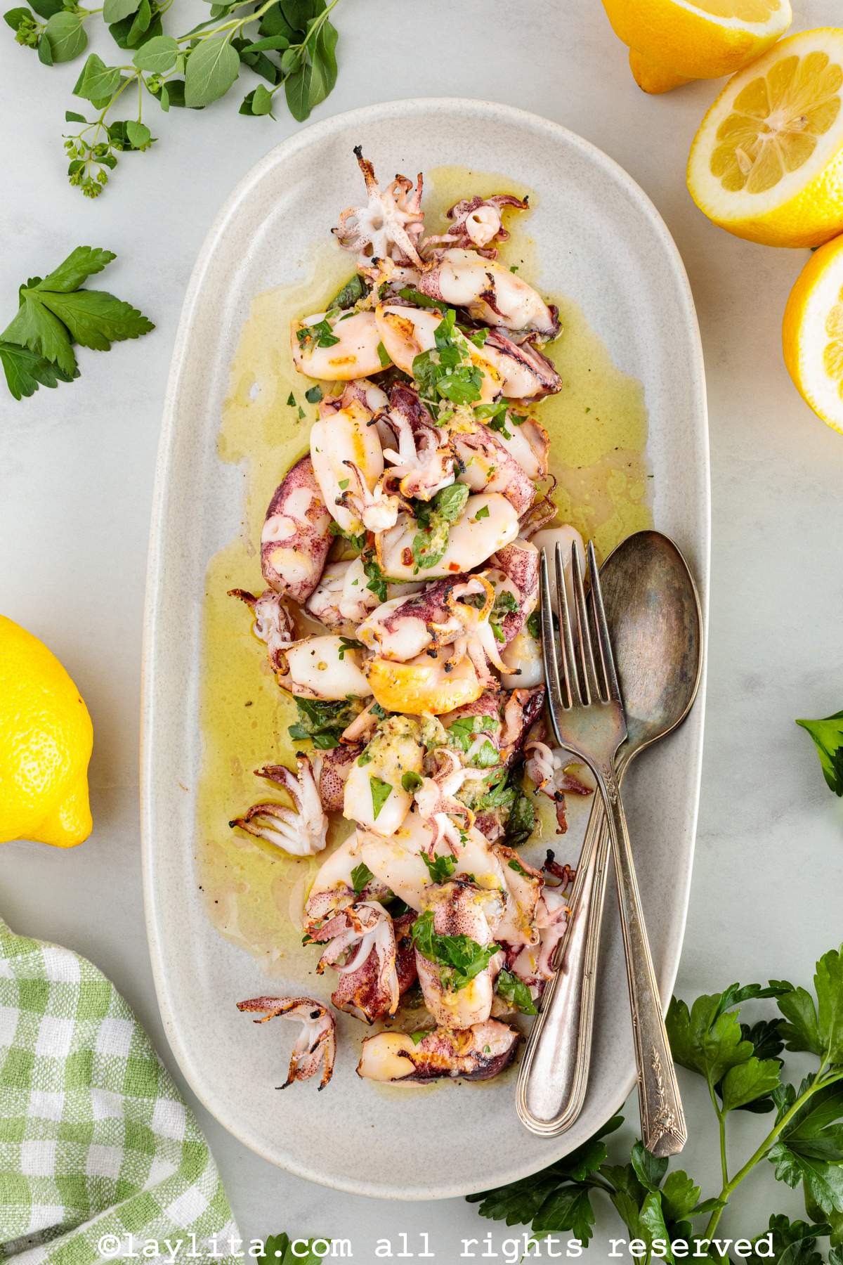 Una ensalada de calamares o chipirones con perejil, ajo y limón encima, con rodajas de limón y ramas de perejil y orégano alrededor de la bandeja