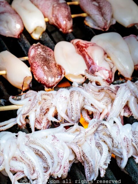 Asando las brochetas de calamar a la parilla