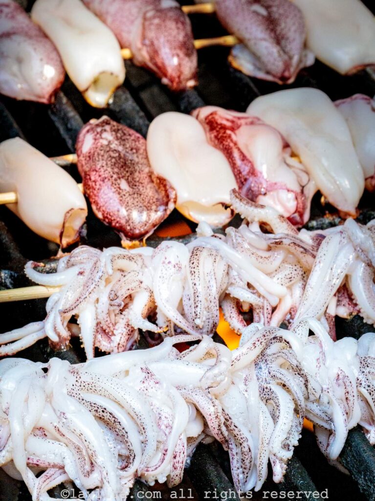 Asando las brochetas de calamar a la parilla