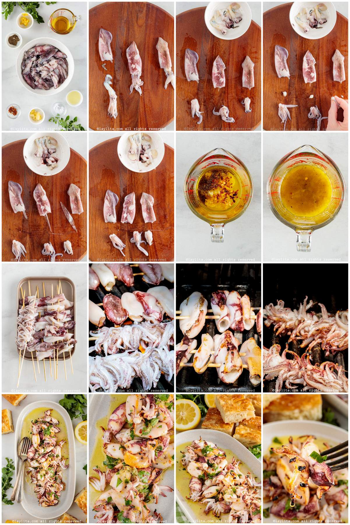 Collage de fotos de la preparación paso a paso de la ensalada de calamares asados con aderezo de limón y perejil