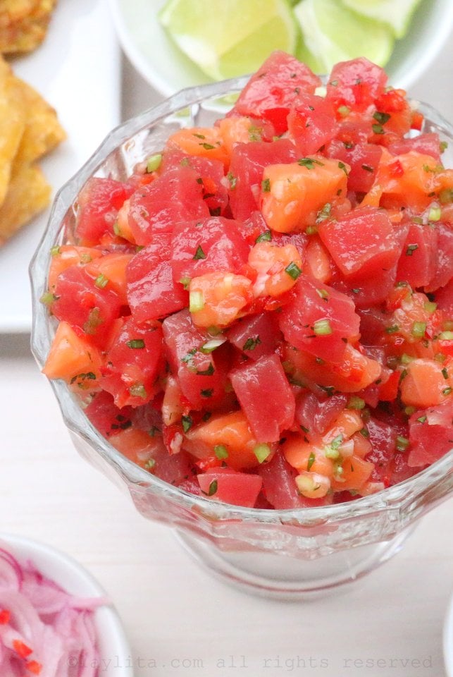 Ceviche de atún y salmón estilo poke hawaiano