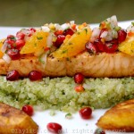 Pescado al sartén con salsa de granada y naranja