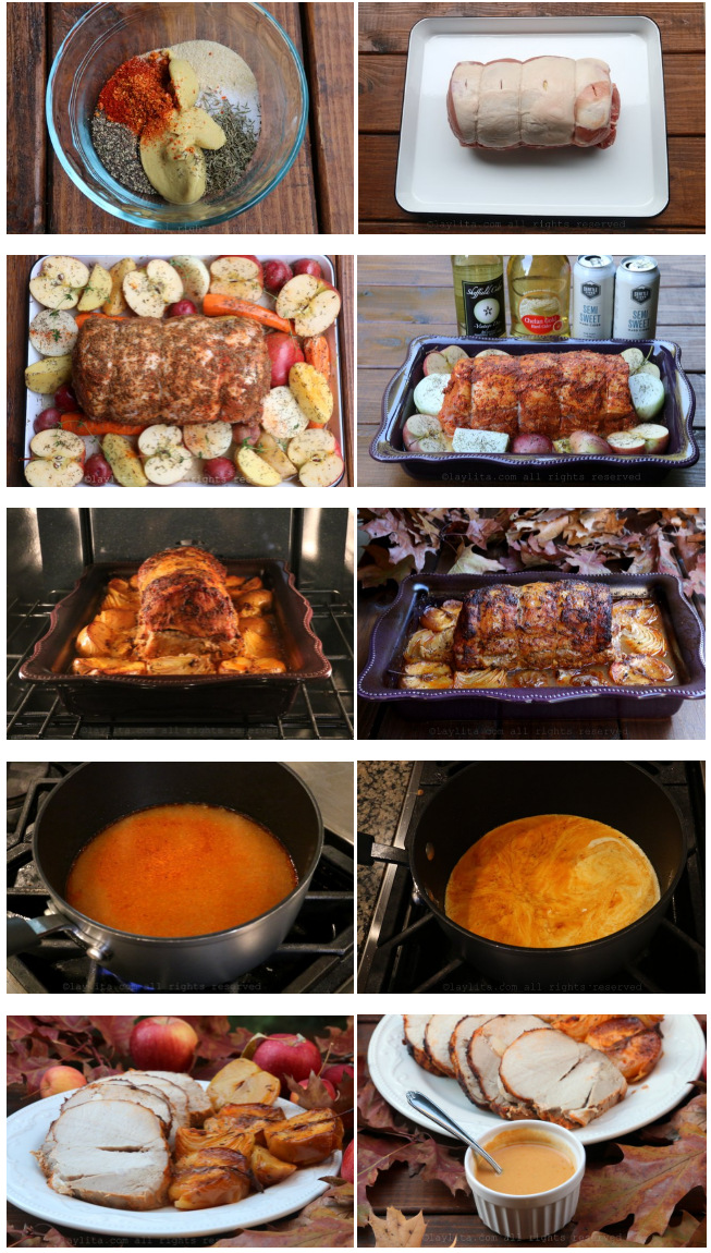 Recette et photos de la longe de porc rôti au cidre, cuite au cidre et pommes mûres. Servi avec une sauce au cidre.