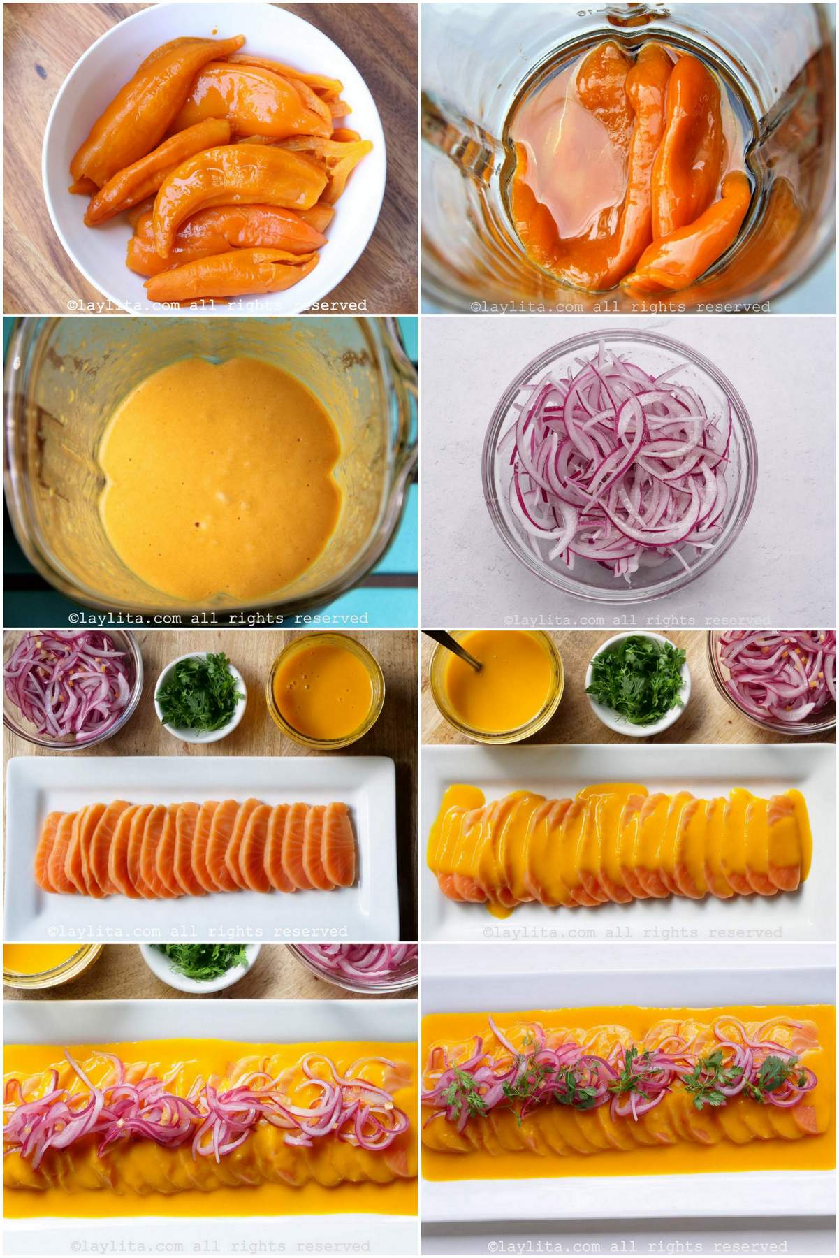 Préparation étape par étape du tiradito de saumon péruvien à la sauce aji aux fruits de la passion