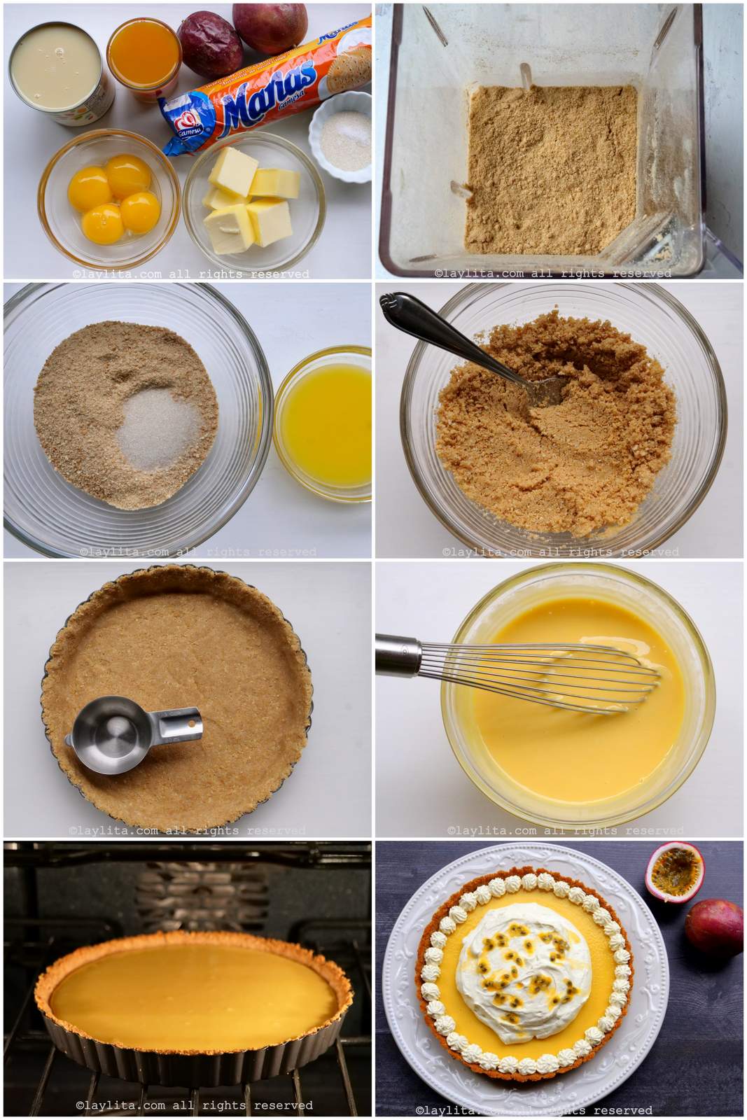 Préparation photo étape par étape de la tarte aux fruits de la passion avec fond au biscuit