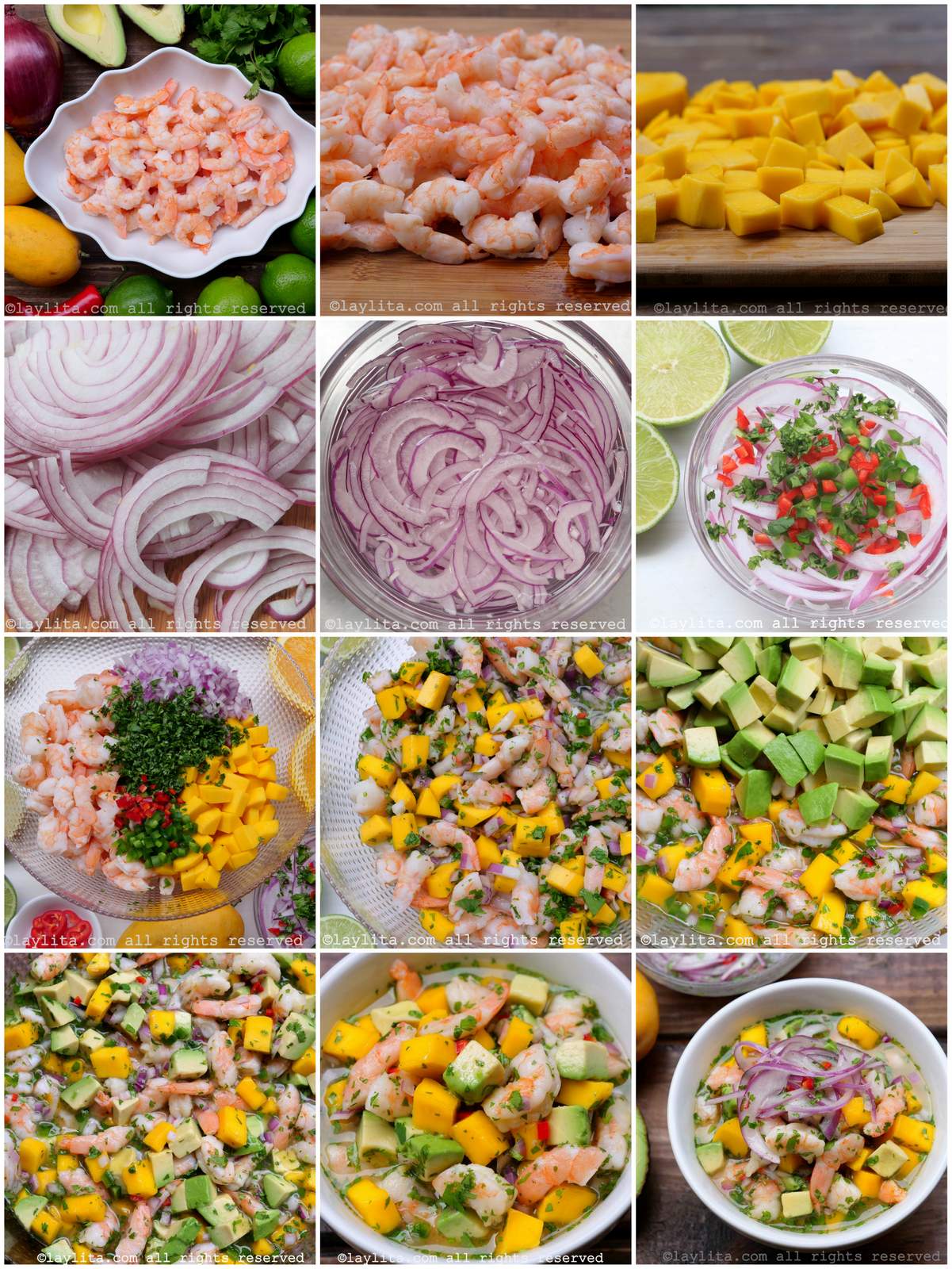 Photos de chaque étape de la préparation du ceviche aux crevettes et à la mangue